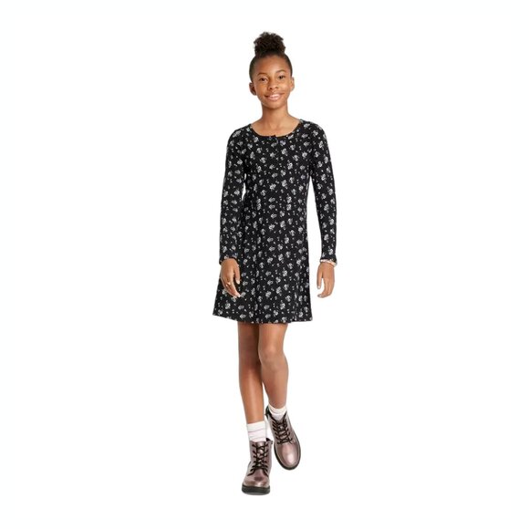 Girls' Henley Long Sleeve Knit Dress - art class Black Floral M - Picture 2 of 2